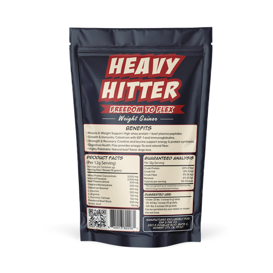 The guaranteed analysis and ingredient panel on the back of the HEAVY HITTER supplement, detailing its beef-based, high-protein formula.