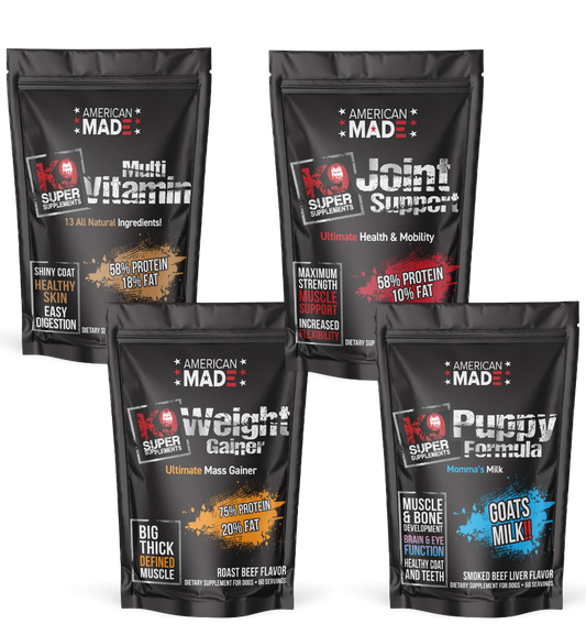 The complete lineup of K9 Super Supplements in their 5lb bulk bags, showing the formulas for Joint Support, Puppy, Weight Gainer, and Multivitamin by Raw and Paw Co.