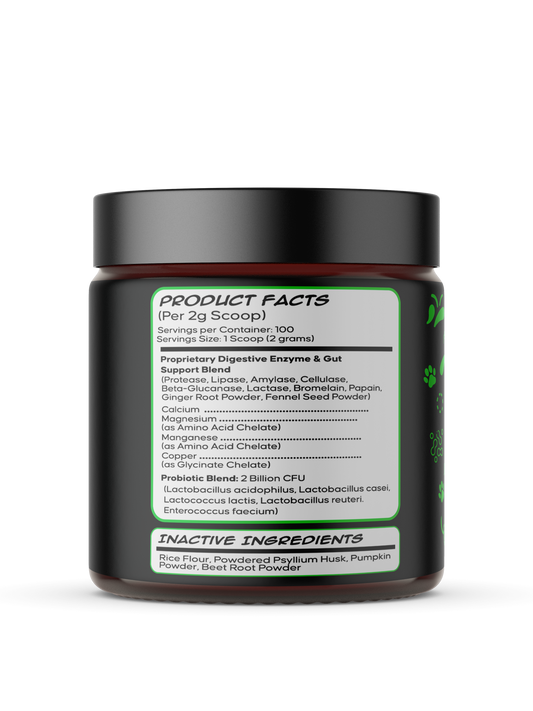 The ingredient panel for Enzyme Envy, detailing its broad-spectrum blend of enzymes that help break down proteins, carbohydrates, and fats in dog food.