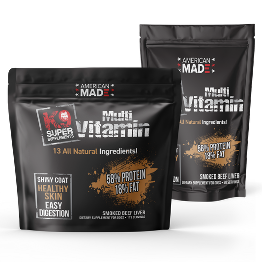 The K9 Super Supplements Daily Multivitamin, a whole-food formula with a smoked beef brisket flavor designed for picky eaters and total wellness.