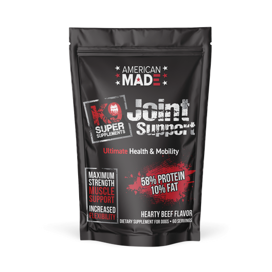 The K9 Super Supplements Joint Support formula, a comprehensive hip and joint supplement for dogs designed to improve mobility and reduce pain.