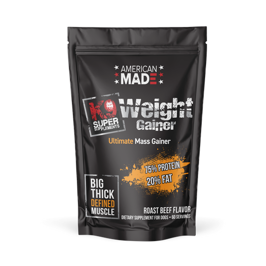 The 60-count bottle of K9 Super Supplements Weight Gainer, a formula to help dogs gain healthy weight.