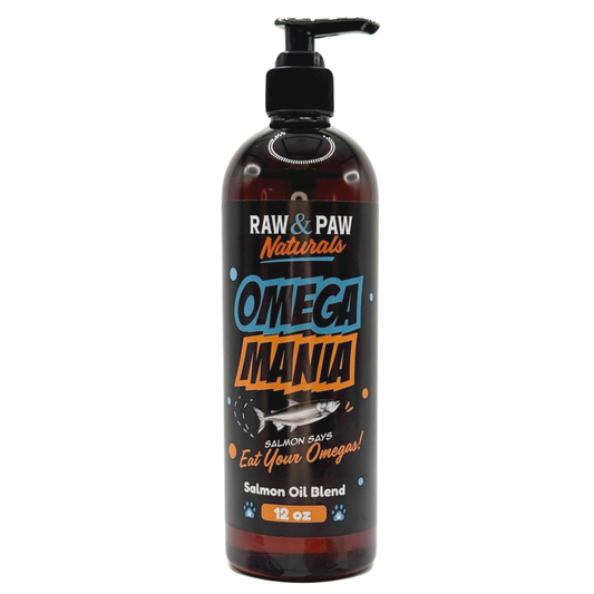 The bottle of Omega Mania from Raw & Paw Naturals, a complete omega oil blend for dogs with salmon, MCT, flaxseed, and wheatgerm oil.