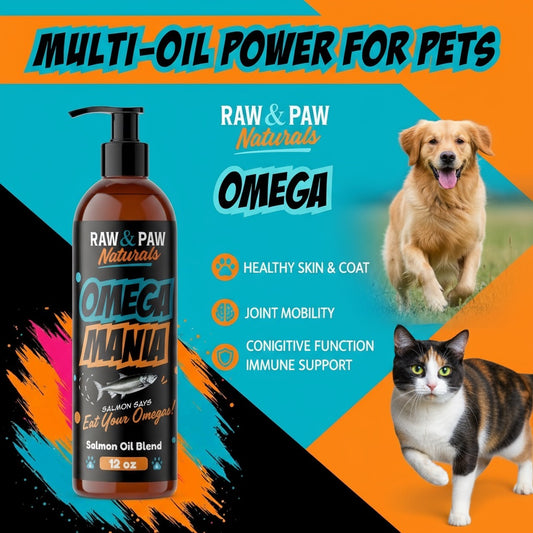 An infographic showcasing the whole-body benefits of the Omega Mania blend, detailing how its mix of fish and plant-based oils supports a dog's joints, brain, skin, and coat.
