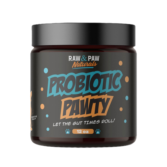 The jar of Probiotic Pawty from Raw & Paw Naturals, a daily probiotic supplement for dogs with prebiotics and enzymes to support gut and immune health.