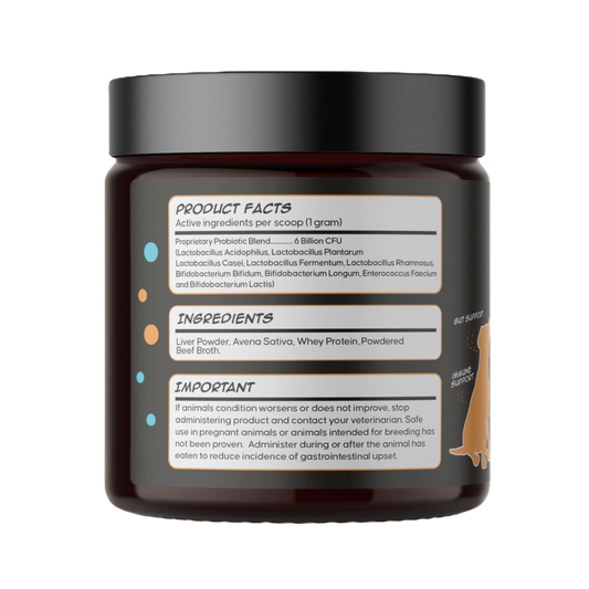 The supplement facts and ingredient panel for Probiotic Pawty, detailing its diverse blend of probiotic strains, prebiotics, and digestive enzymes.