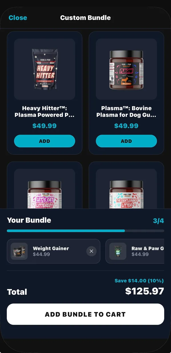 Raw & Paw app custom bundle builder showing a 10% bundle savings