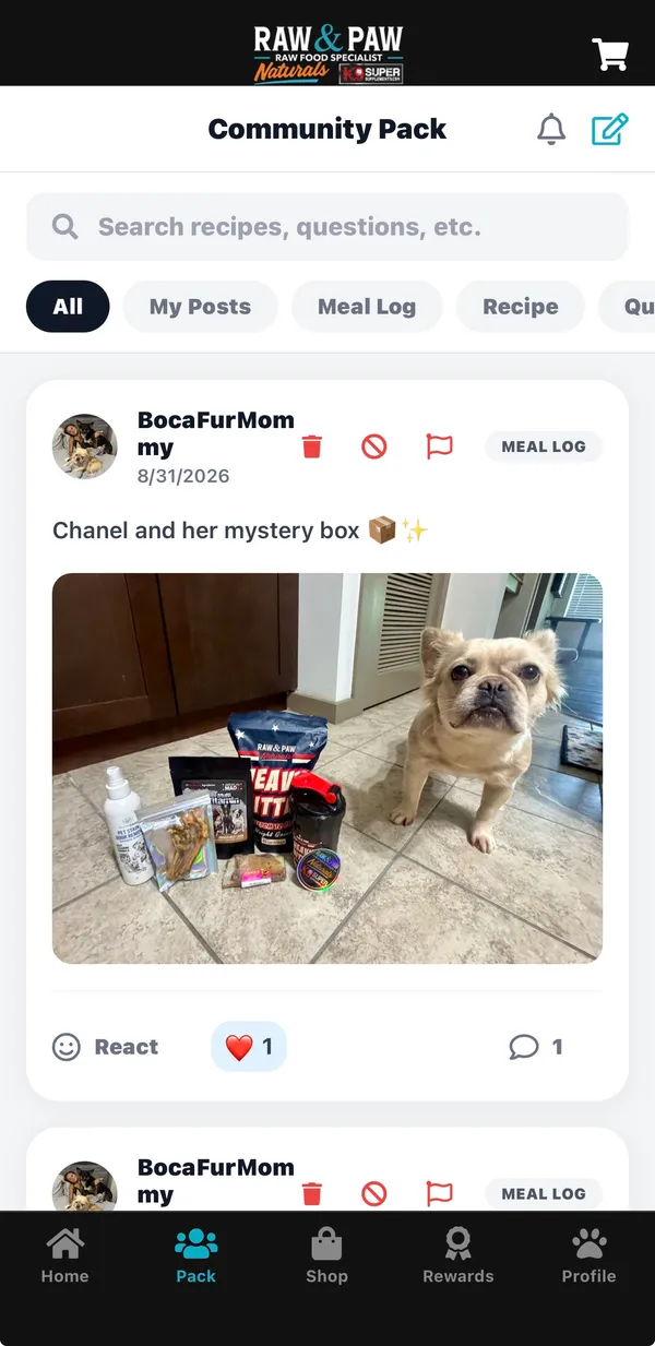 Raw & Paw Community Pack feed with meal logs, recipes and questions from raw feeding dog owners