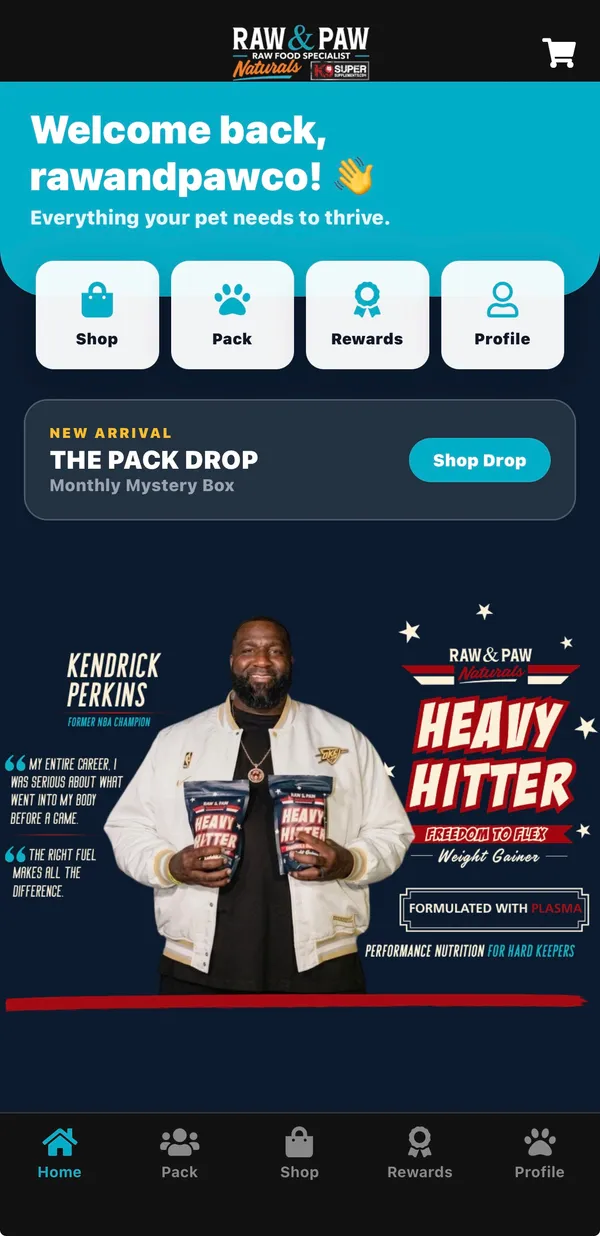 Raw & Paw Co. app home screen with Shop, Pack, Rewards and Profile shortcuts