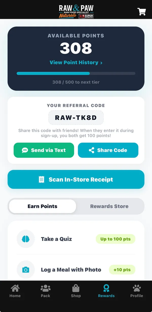 Raw & Paw Co. app rewards screen showing available points, referral code, and Scan In-Store Receipt button