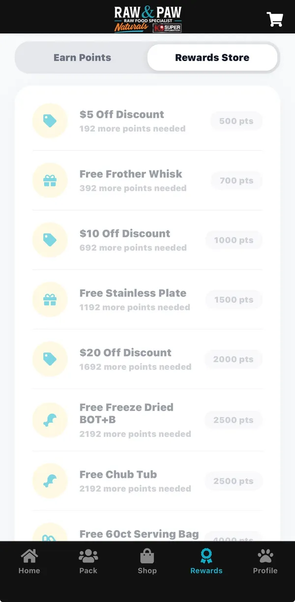 Raw & Paw Rewards Store listing $5, $10 and $20 off discounts and free gear redeemable with points