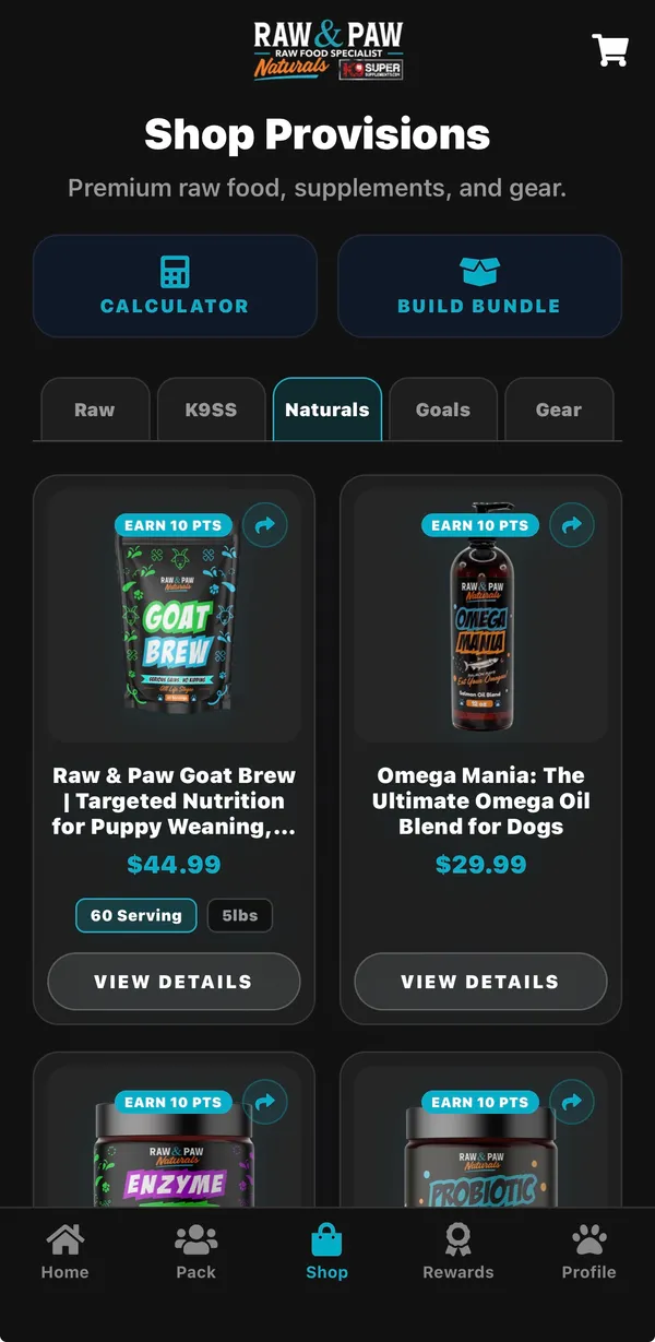 Raw & Paw app shop with raw dog food, K9SS supplements, Naturals, goals and gear categories plus calculator and bundle builder