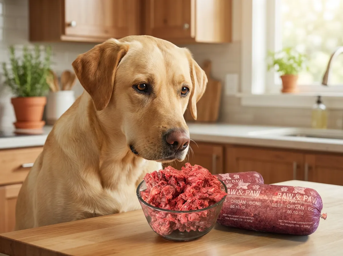Yellow Labrador retriever looking at a bowl of Raw & Paw beef, organ and bone raw dog food